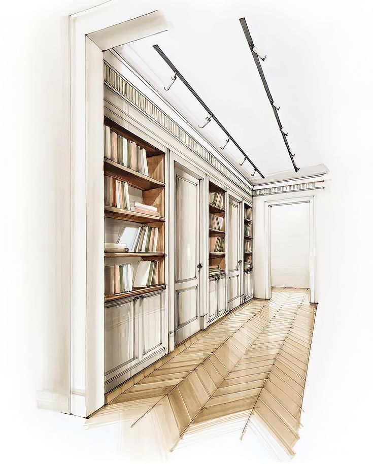 Elegant library hallway with wooden bookshelves and herringbone floor, illuminated by sleek track lighting.