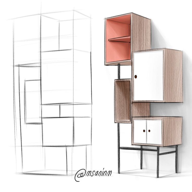 Modern wooden cabinet design with open shelves and closed compartments, alongside a detailed sketch.