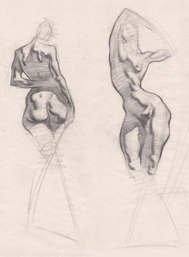 Pencil sketches of two abstract human figures showing dynamic poses and shading on textured paper.