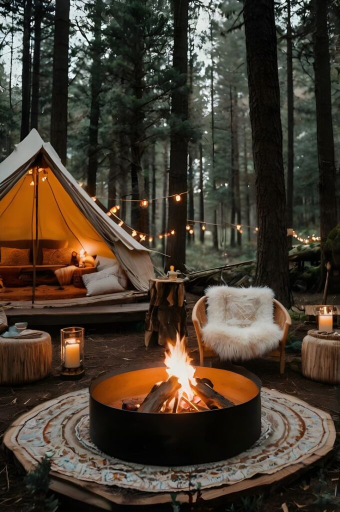 Cozy forest glamping scene with lit tent, chairs, and warm campfire under string lights.