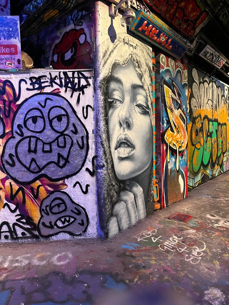 Street art in vibrant alley: black-and-white portrait beside colorful graffiti and cartoon faces on urban walls.