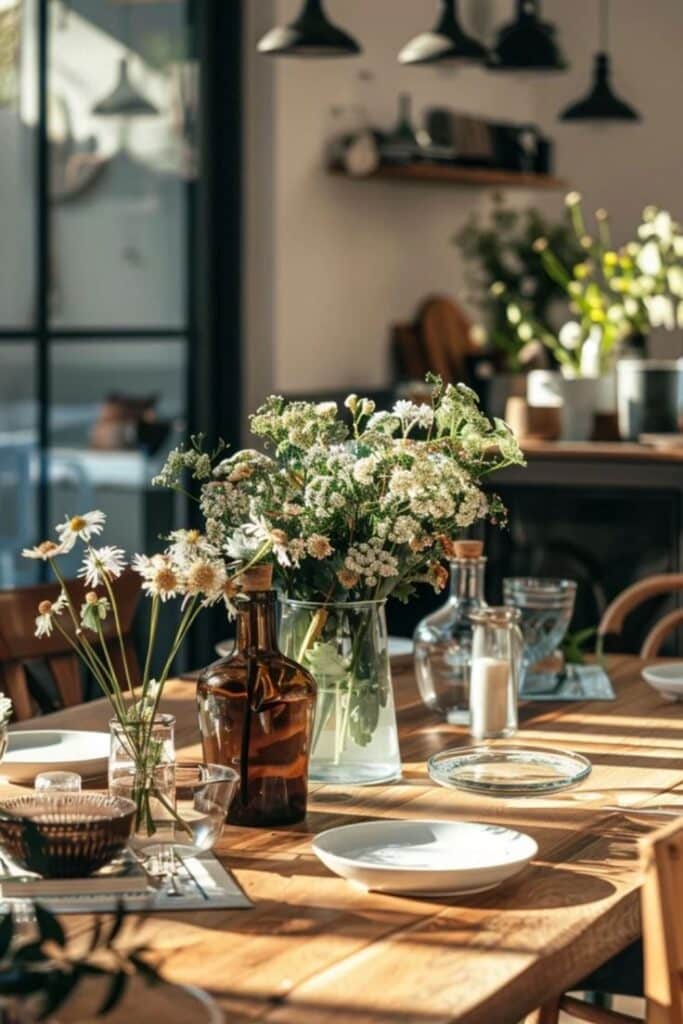 Sunny dining table set with wildflowers in glass vases, creating a cozy and inviting atmosphere.