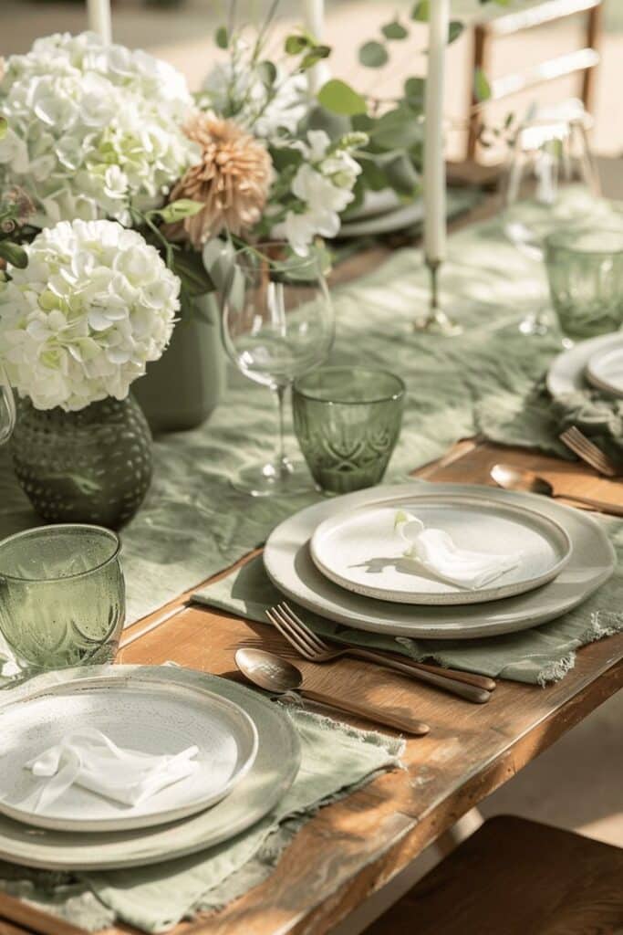 Elegant table setting with green accents, white flowers, and ceramic plates. Perfect for a chic outdoor gathering.