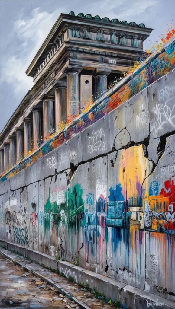 Historic building with graffiti-covered wall and vibrant street art, combining classical architecture and urban creativity.