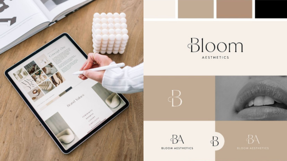 Tablet with Bloom Aesthetics branding and mood board, showcasing neutral color palette and logo design concepts.