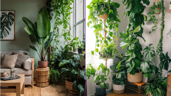 Cozy living room with lush indoor plants and natural light, creating a refreshing green oasis.