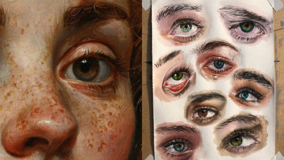 Realistic eye and skin painting with various eye studies on a sheet, showcasing artistic detail and lifelike textures.