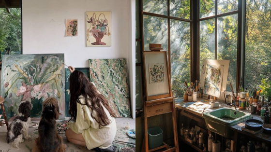 Artist painting in serene studio with dogs, surrounded by nature-inspired artwork and sunlight streaming through windows.