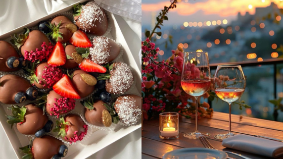 Delicious chocolate strawberries and wine on a romantic balcony setting at sunset.