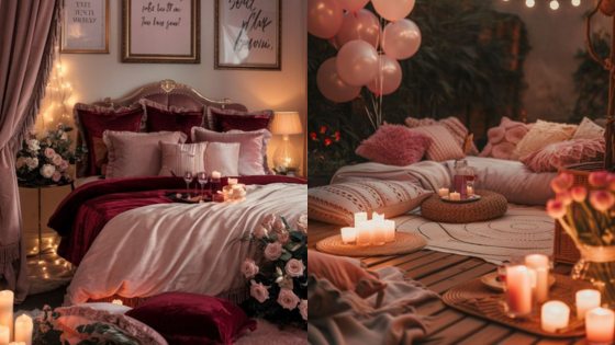 Cozy bedroom and outdoor lounge with candles, pink decor, and romantic ambiance for a relaxing evening.