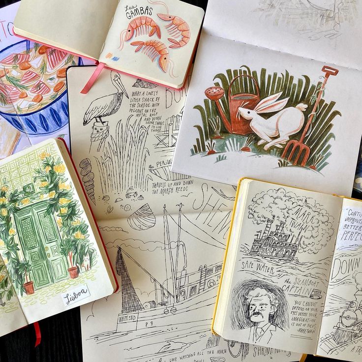 Artistic sketchbook collection with colorful illustrations and drawings of nature, seafood, and architectural scenes.