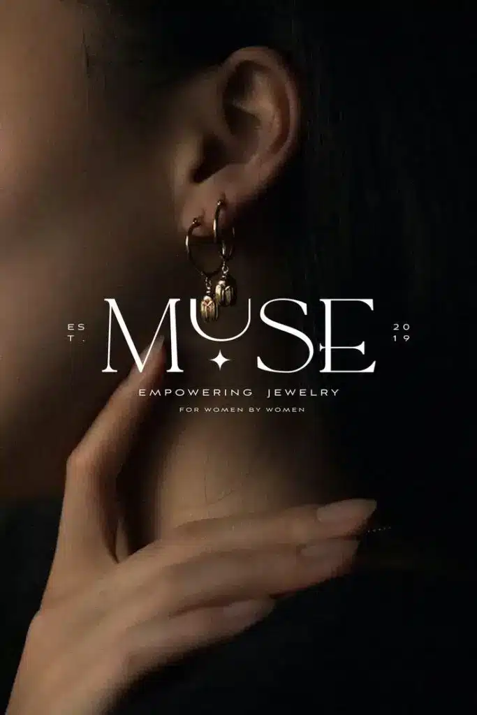 I will draw a unique luxury flat minimalist logo design Close-up of woman wearing elegant hoop earrings, showcasing Muse jewelry brand's empowering design for women. | Sky Rye Design Close-up of woman wearing elegant hoop earrings, showcasing Muse jewelry brand's empowering design for women.