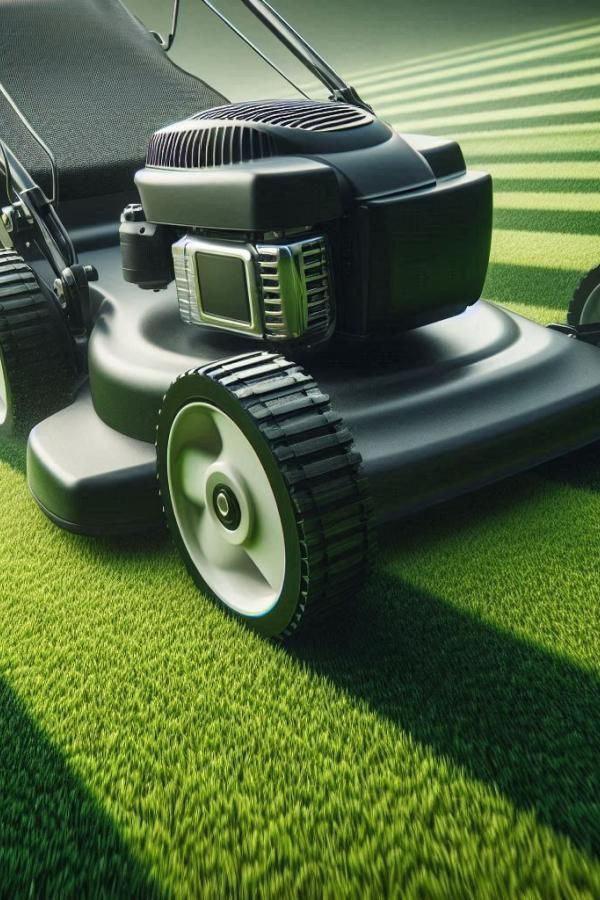 Close-up of a lawnmower on freshly cut grass, showing detailed wheels and engine.