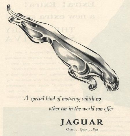 Vintage Jaguar car advertisement featuring iconic leaping emblem and slogan Grace, Space, Pace.