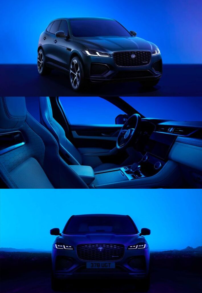 Luxury SUV with sleek design, illuminated interior, and modern front view against a vibrant blue background.