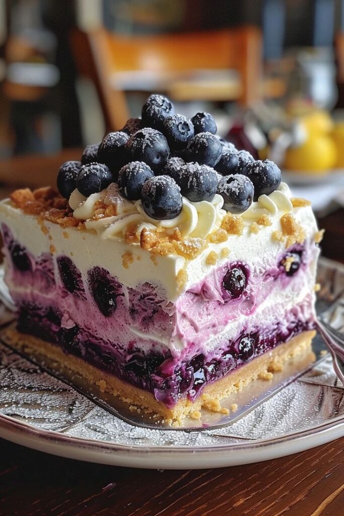 Delicious blueberry cheesecake with creamy layers and fresh blueberries on top. Perfect dessert for any occasion!