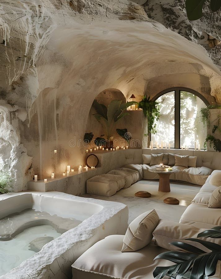 Cozy cave lounge with candles, lush plants, a hot tub, and plush seating for a relaxing atmosphere.