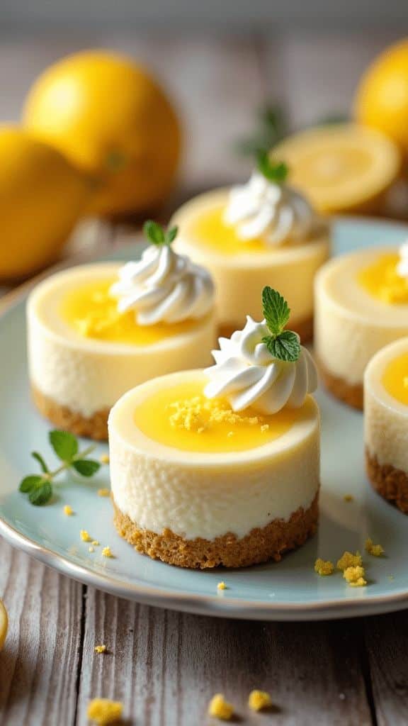 Delicious lemon cheesecakes topped with whipped cream and mint on a rustic wooden table.