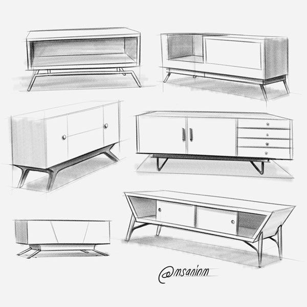 Sketch of modern sideboard designs with various shapes and storage options, showcasing creative furniture concepts.