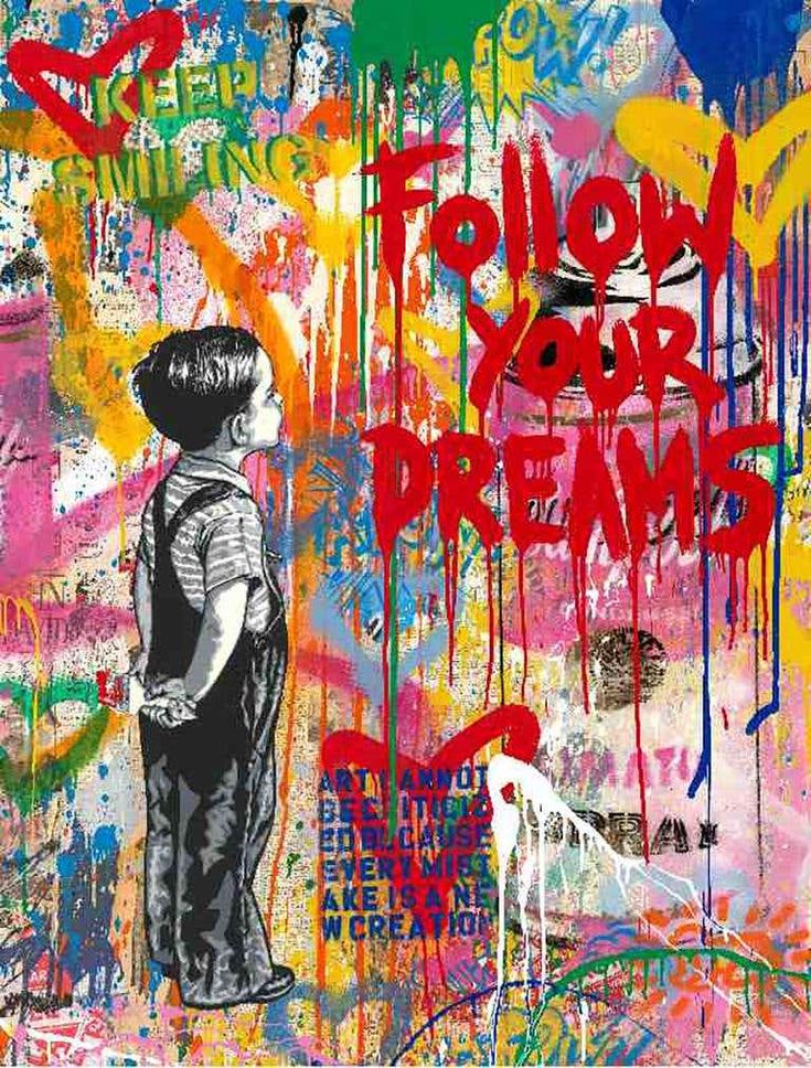 Child gazing at vibrant street art with Follow Your Dreams text, colorful graffiti background.