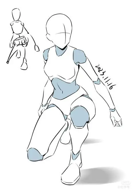 Dynamic sketch of a humanoid figure in motion, kneeling and poised, highlighting anatomy and form, dated 2023.11.16.