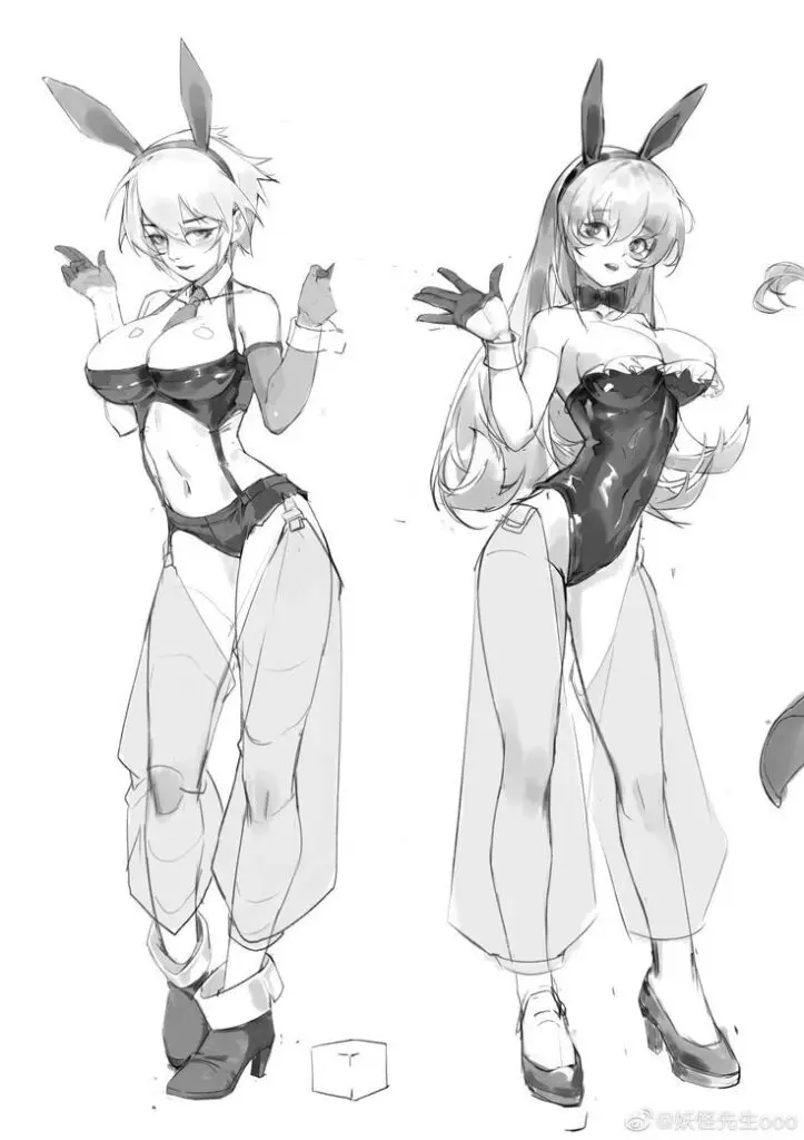 Anime-style characters with bunny ears, wearing playful outfits, showcasing dynamic poses and detailed design.