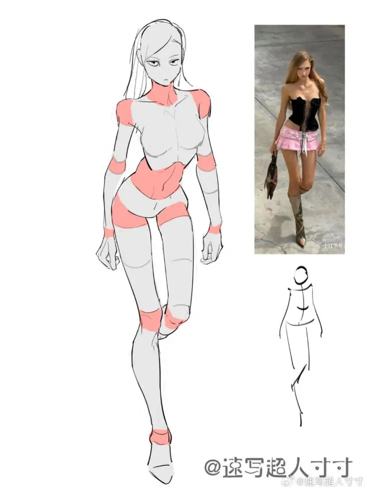 OC Poses2 Fashion sketch inspired by a model in corset and pink skirt, showcasing anatomy highlights and pose reference. | Sky Rye Design Fashion sketch inspired by a model in corset and pink skirt, showcasing anatomy highlights and pose reference.