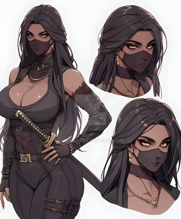 Anime character with long dark hair, masked face, wearing black outfit and sword, in multiple angles.