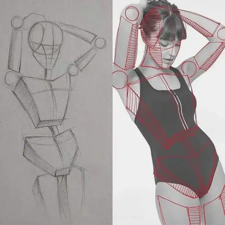 Artistic sketch and photo comparison highlighting body proportions with geometric outlines. Ideal for figure drawing studies.