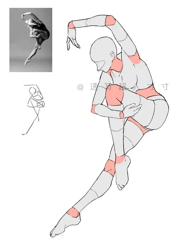 Artistic breakdown of a dancer's pose, featuring reference photo and figure sketches highlighting movement.