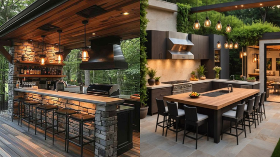 Modern outdoor kitchens with stone decor, wood accents, and elegant lighting in lush garden settings.