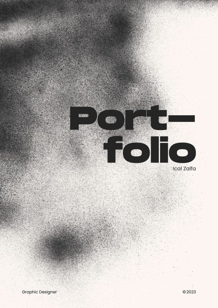 Minimalist design portfolio cover with textured black and white gradient and bold text: Portfolio.©2023, Graphic Designer.