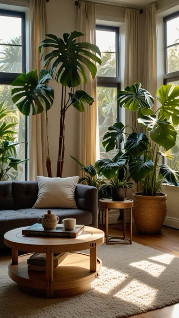 Cozy living room with large plants, a gray sofa, and a wooden coffee table bathed in natural light.