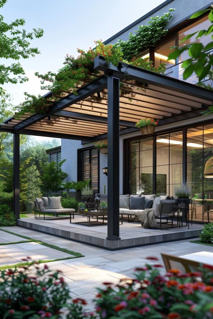 Modern patio with pergola, greenery, and cozy seating, perfect for outdoor relaxation and gatherings.