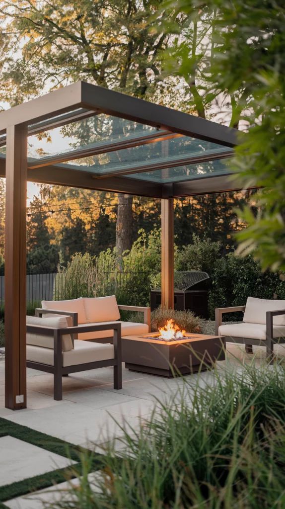 Modern outdoor patio with glass pergola, cozy seating, and fire pit surrounded by greenery at sunset.