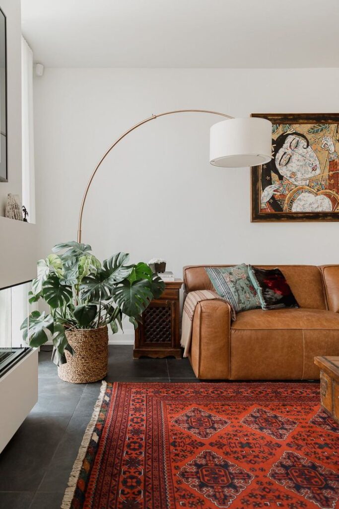 Stylish living room with leather sofa, vibrant rug, tall lamp, and leafy plant for cozy decor inspiration.