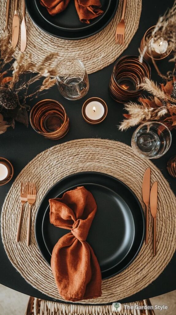 Elegant fall table setting with black plates, orange napkins, candles, and rustic decor on woven placemats.