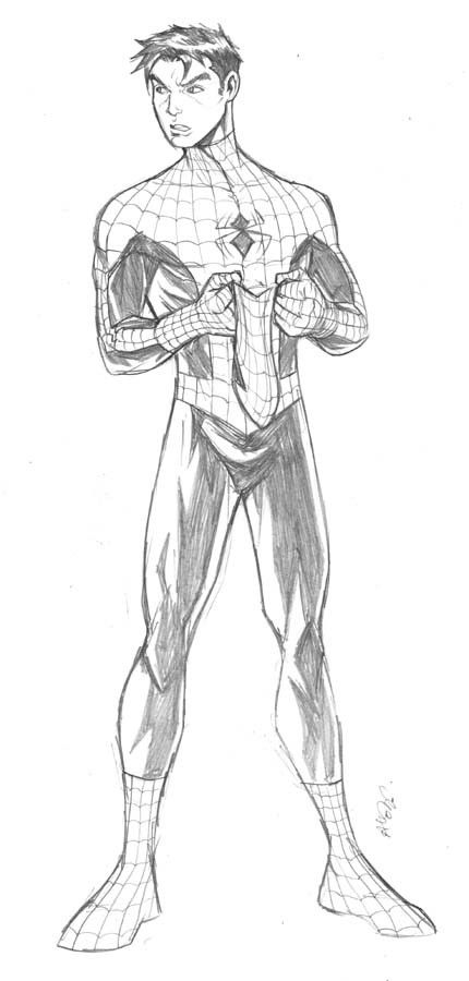 Pencil sketch of a superhero in a web-patterned costume, standing confidently with fists clenched, ready for action.