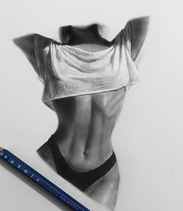 Realistic pencil sketch of a torso in a crop top, highlighting the drawing's detail and shading next to a pencil.