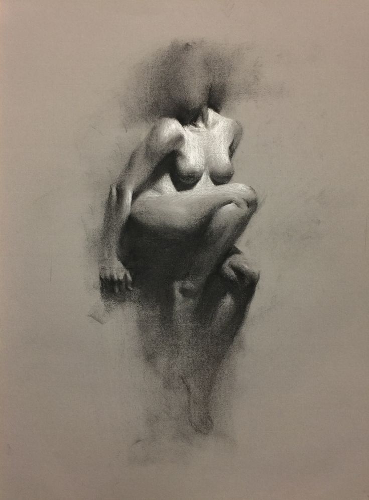 Abstract charcoal drawing of a faceless crouching figure, emphasizing shadows and form.