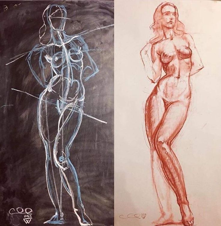 Side-by-side sketches of a female figure, showing an outline in blue and a detailed drawing in red on paper.