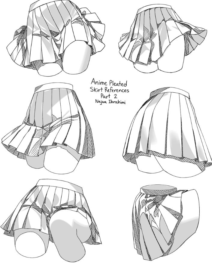 Illustrated anime pleated skirt references showcasing various angles and styles for artists and designers.