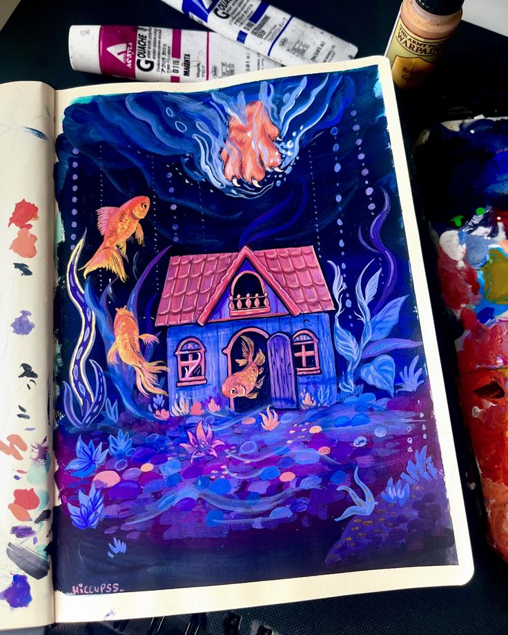 Fantasy acrylic painting of an underwater house with goldfish, vibrant colors, and ethereal sea plants.