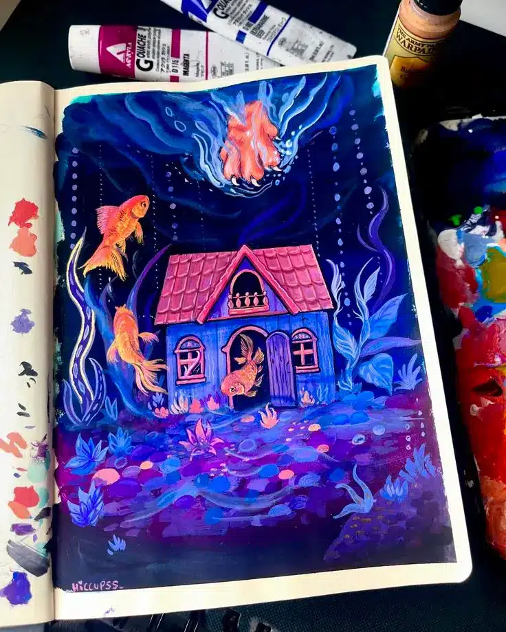 Fantasy acrylic painting of an underwater house with goldfish, vibrant colors, and ethereal sea plants.