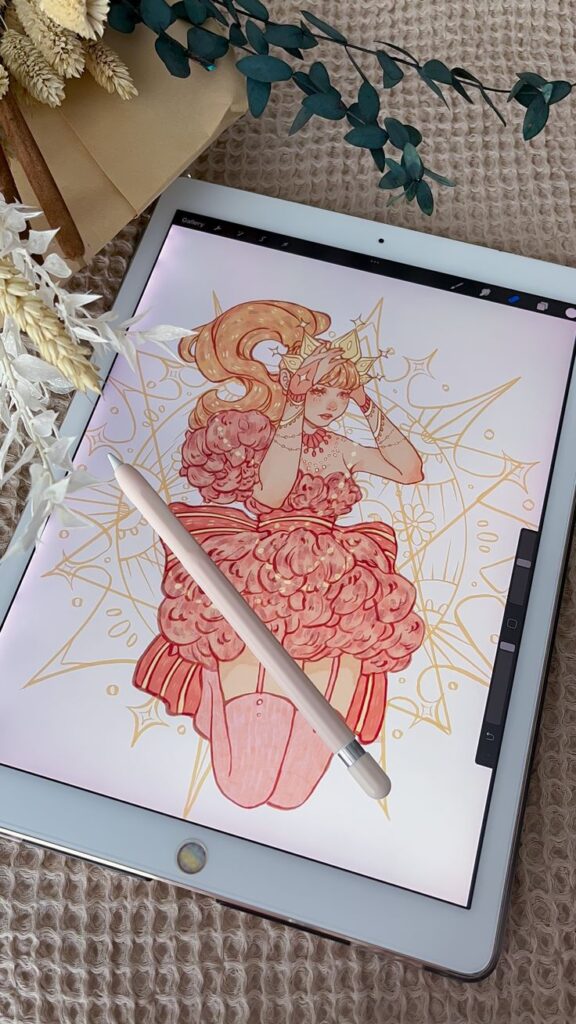 Digital art of a girl in a frilly dress on a tablet with stylus and dried flowers.