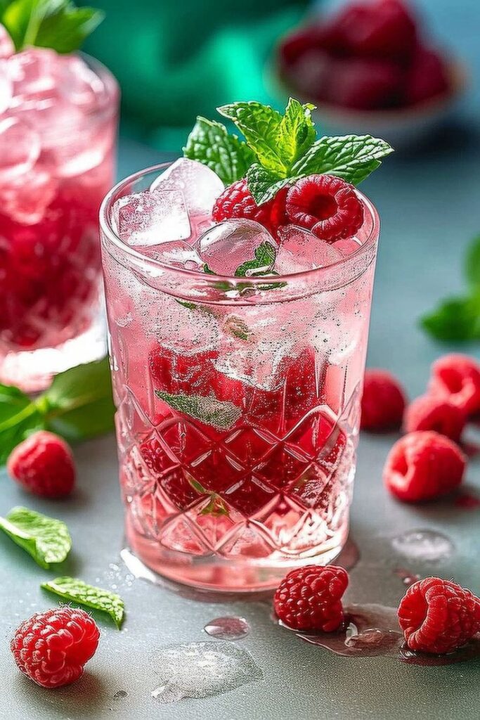 Refreshing raspberry cocktail with mint garnish and ice cubes in a crystal glass, surrounded by fresh raspberries.