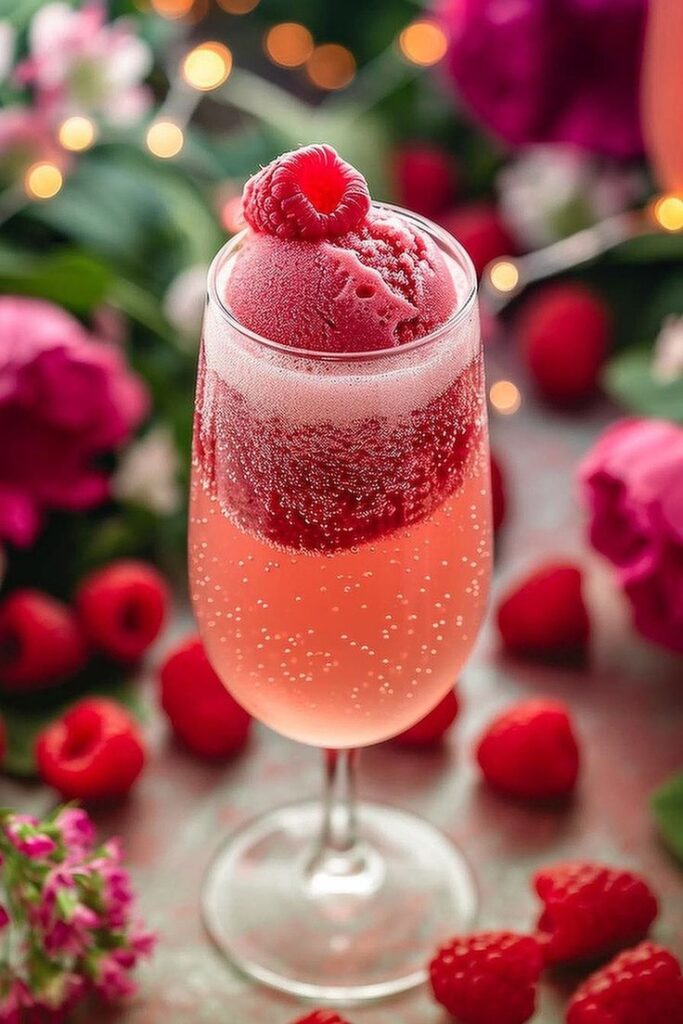 Refreshing raspberry sorbet float in a sparkling glass, surrounded by fresh raspberries and pink flowers.