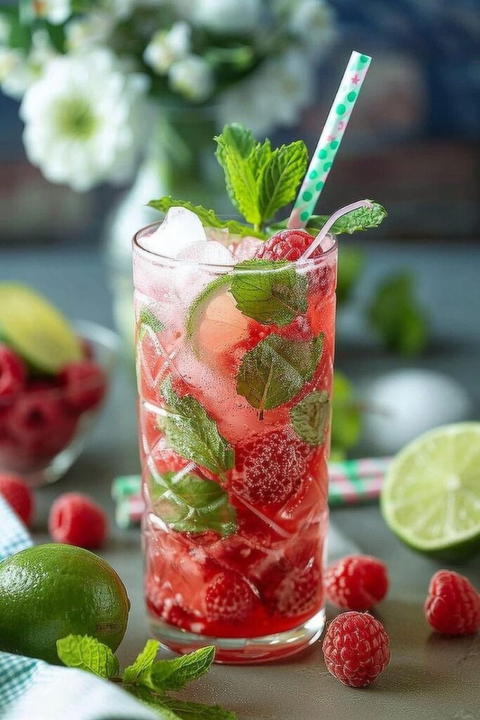 Refreshing raspberry mojito with mint and lime, served in a tall glass with colorful straws.