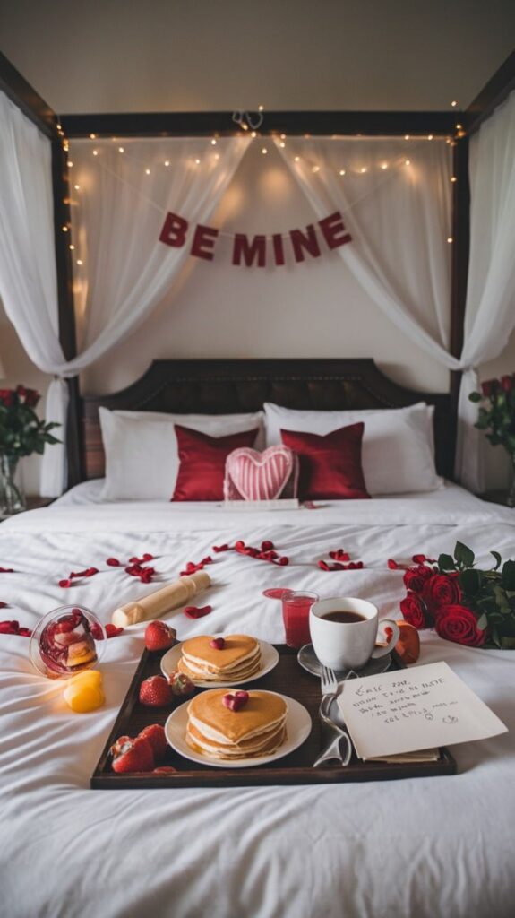 Romantic breakfast in bed with heart-shaped pancakes, roses, and Be Mine decoration in a cozy, elegant setting.