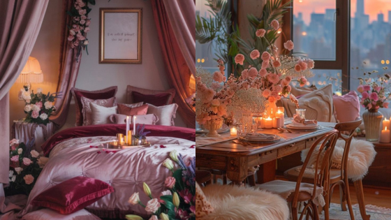 Romantic bedroom and dining room with candles, flowers, and warm lighting, creating an intimate and cozy ambiance.